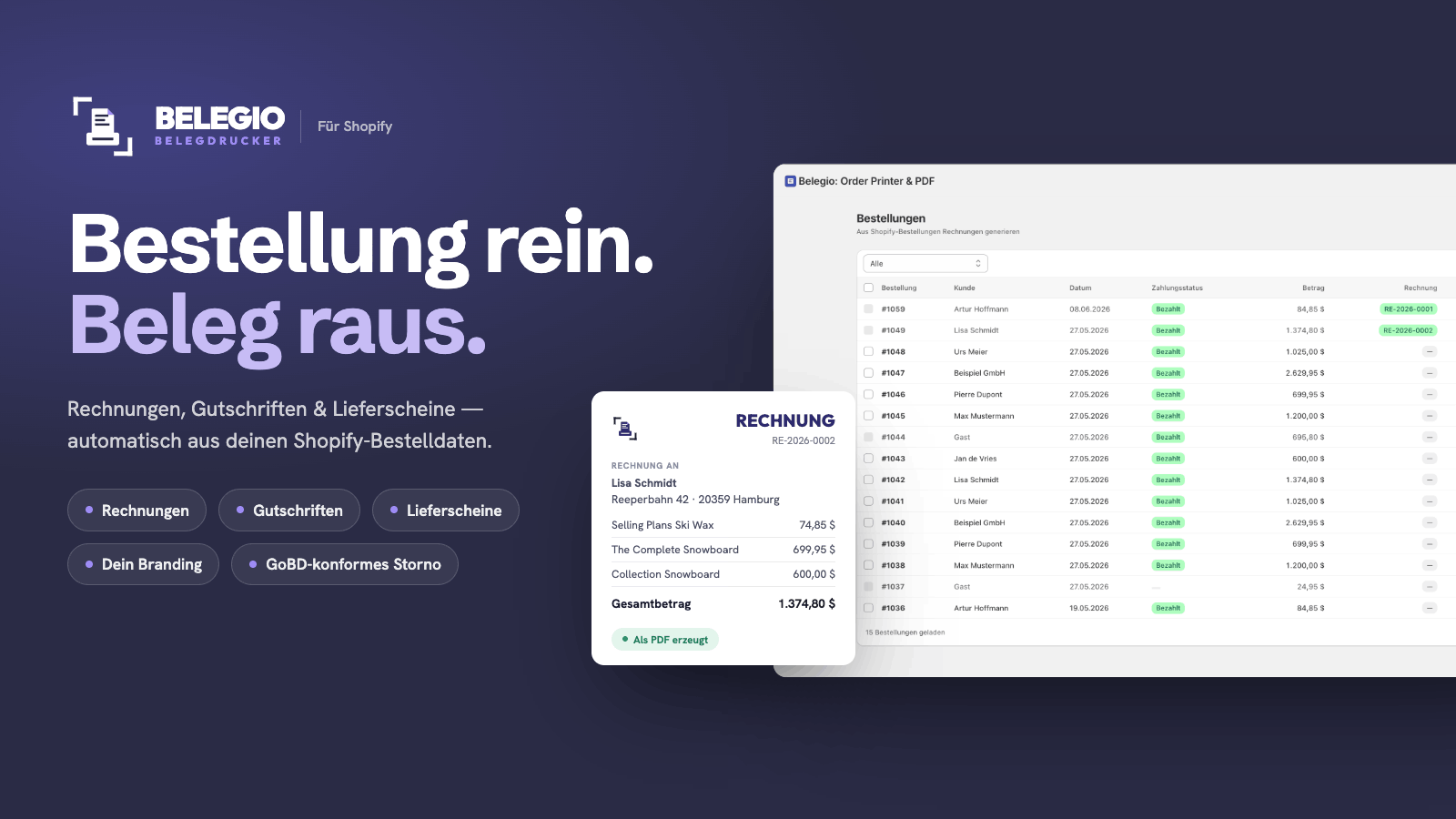 Belegio — Bestellung rein, Beleg raus