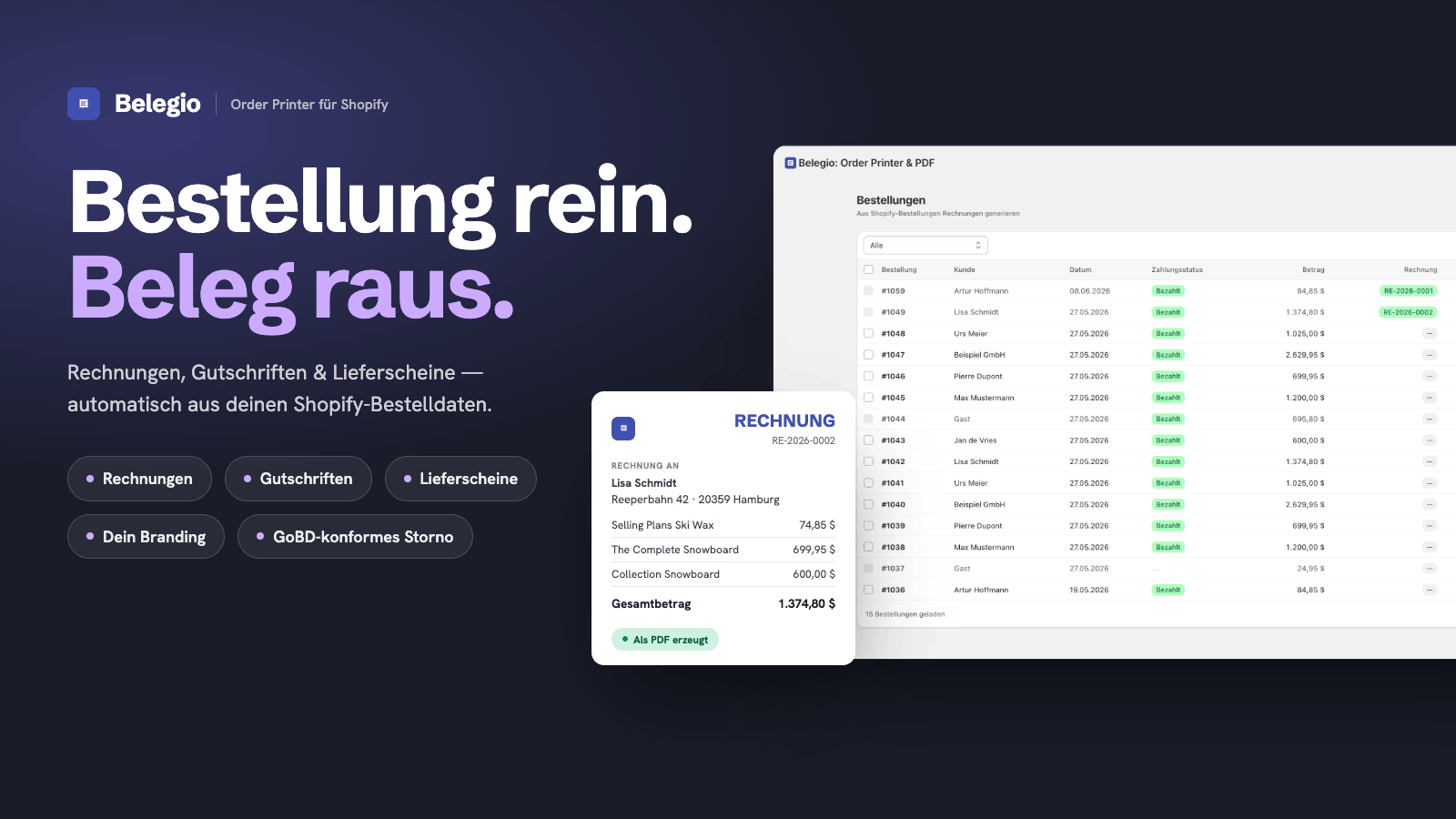 Belegio — Bestellung rein, Beleg raus